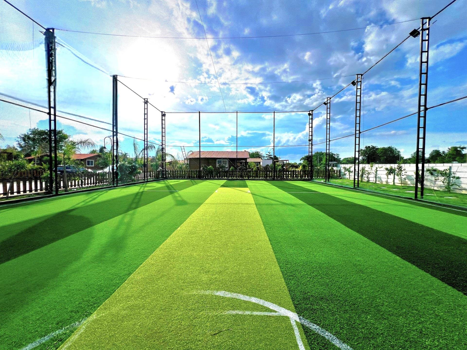Full-size box cricket turf under a bright sky