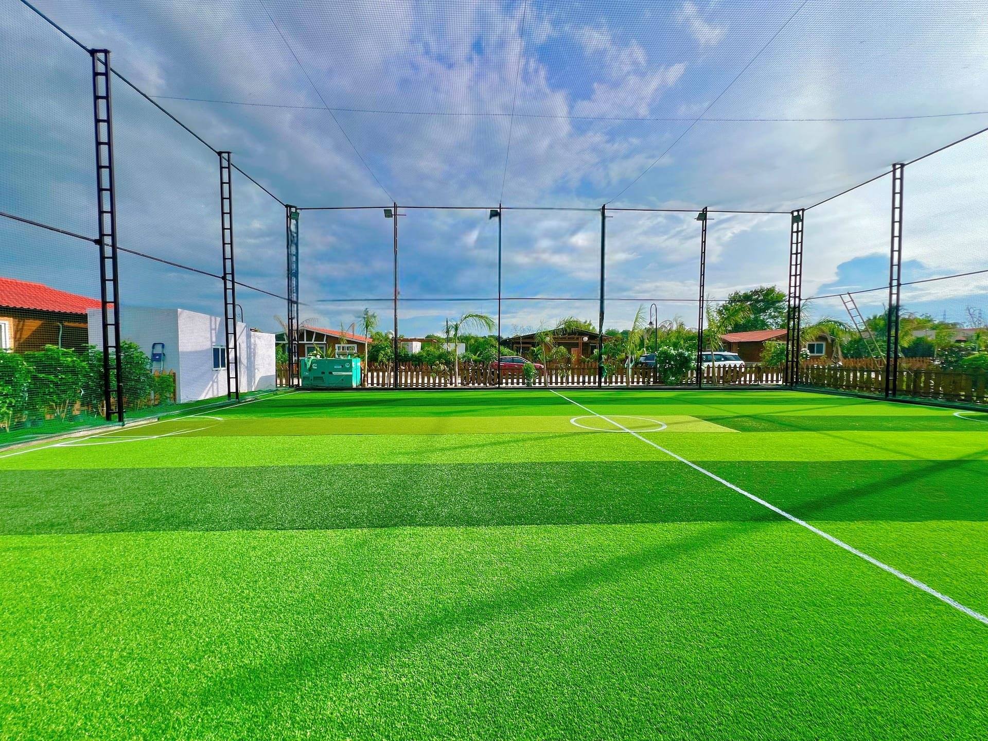 Box cricket turf with nets, wide view